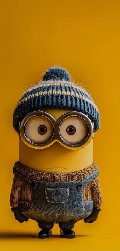Cute minion with winter hat on yellow background.
