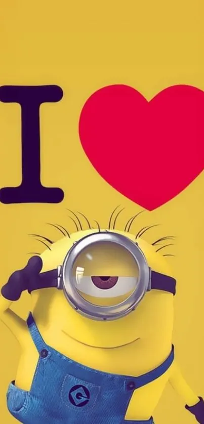 Minion with 'I Love' heart on a yellow background, playful and fun.