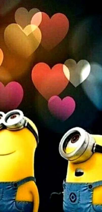 Minions with colorful heart bokeh on a mobile wallpaper.