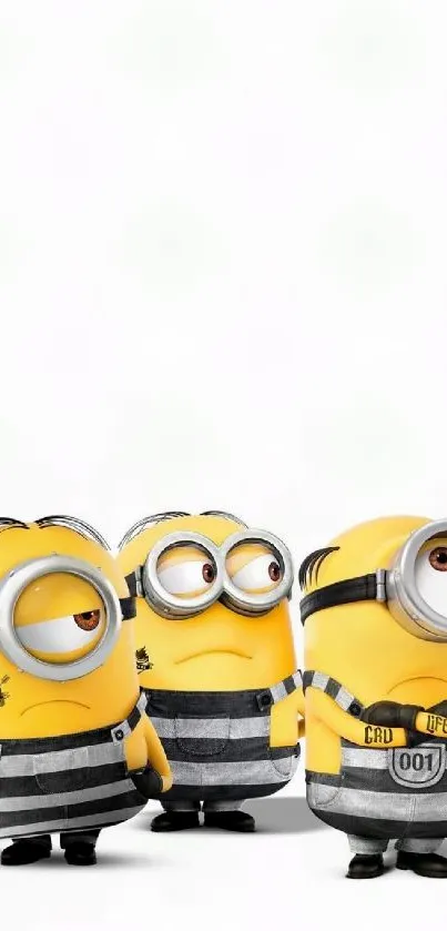 Minions dressed in black and white outfits on a vibrant wallpaper background.