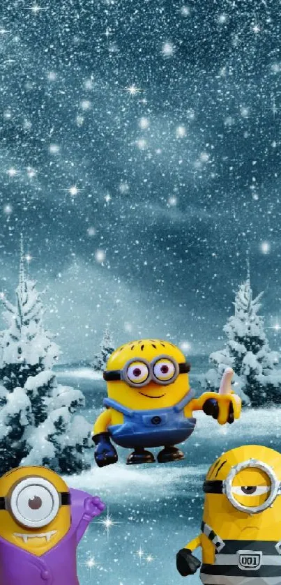 Three playful minions in a snowy winter scene mobile wallpaper.