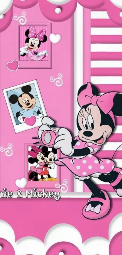 Playful pink Minnie Mouse wallpaper with Mickey photos.