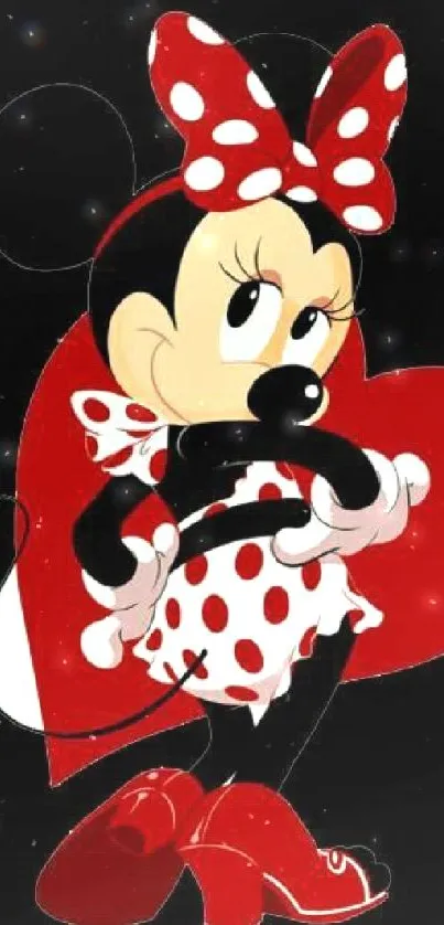 Minnie Mouse in polka dot dress with heart background.