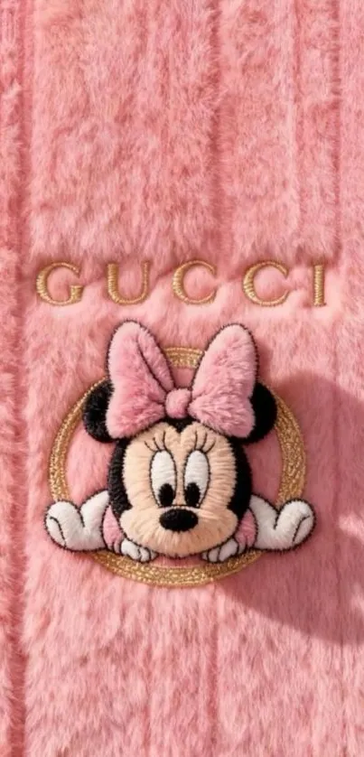 Cute pink Minnie Mouse wallpaper with luxury branding.