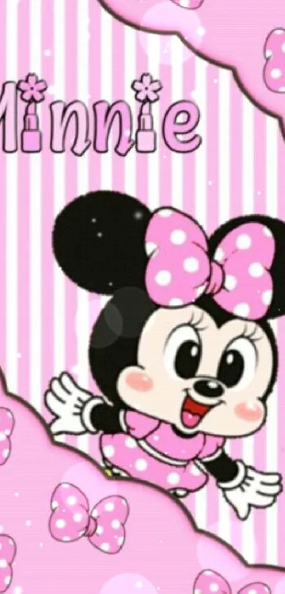 Cute cartoon Minnie Mouse wallpaper with pink stripes.