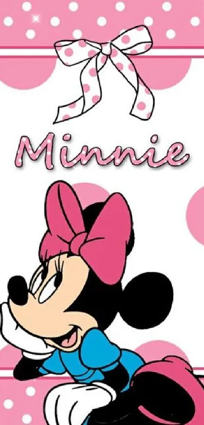 Cute Minnie Mouse wallpaper with pink polka dots and a bow.