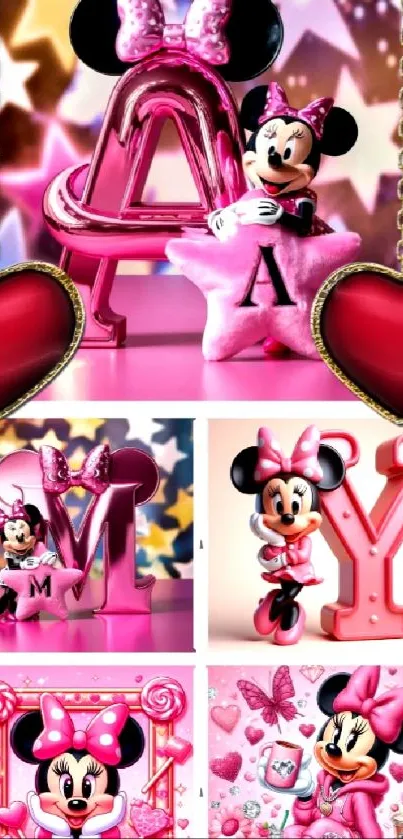 Vibrant Minnie Mouse wallpaper in pink and red hues with whimsical design.