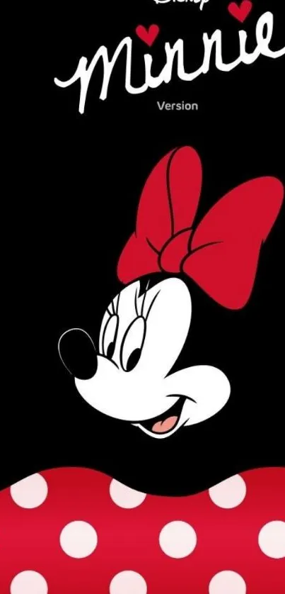 Minnie Mouse with red bow on a polka dot background.