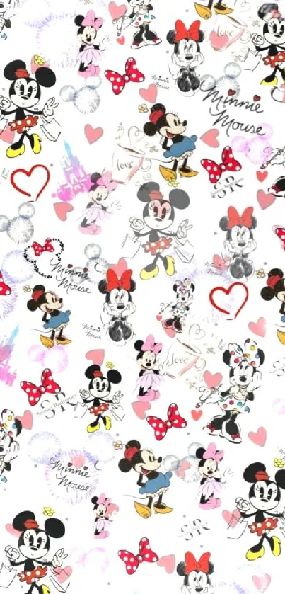 Minnie Mouse cartoon pattern with hearts and bows on white background.