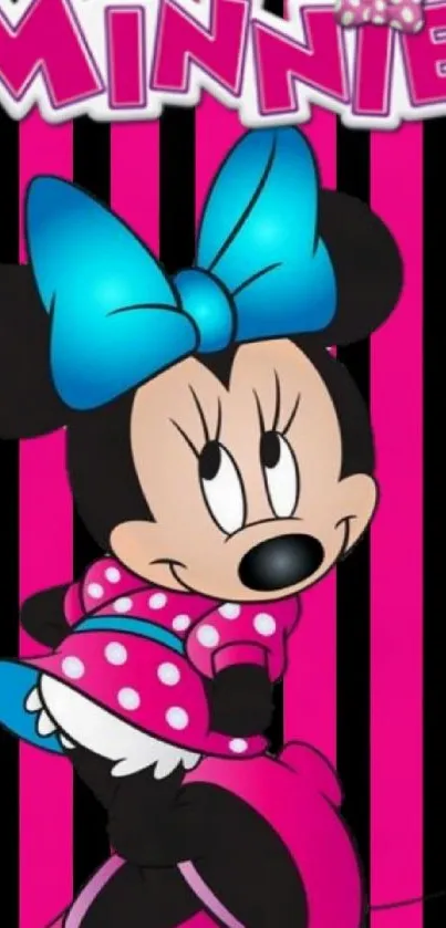 Colorful Minnie Mouse wallpaper with pink stripes and a blue bow.