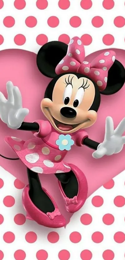 Minnie Mouse with pink polka dots on a heart background mobile wallpaper.