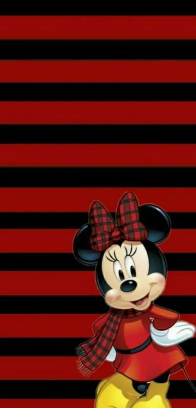 Minnie Mouse in red and black striped wallpaper.