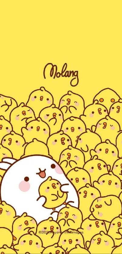 Cute Molang and cheerful yellow chicks wallpaper.