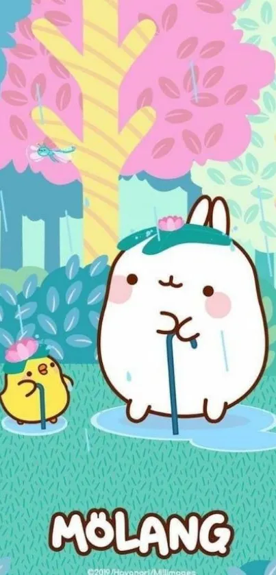 Molang and chick cartoon in a pastel rainy scene.