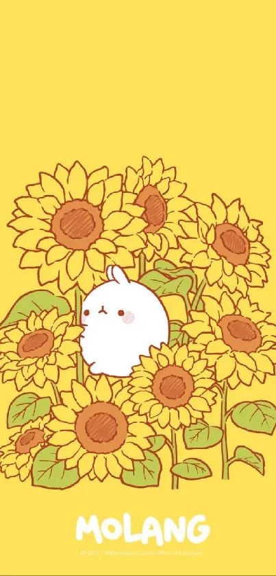 Cute Molang bunny with sunflowers on a yellow background.