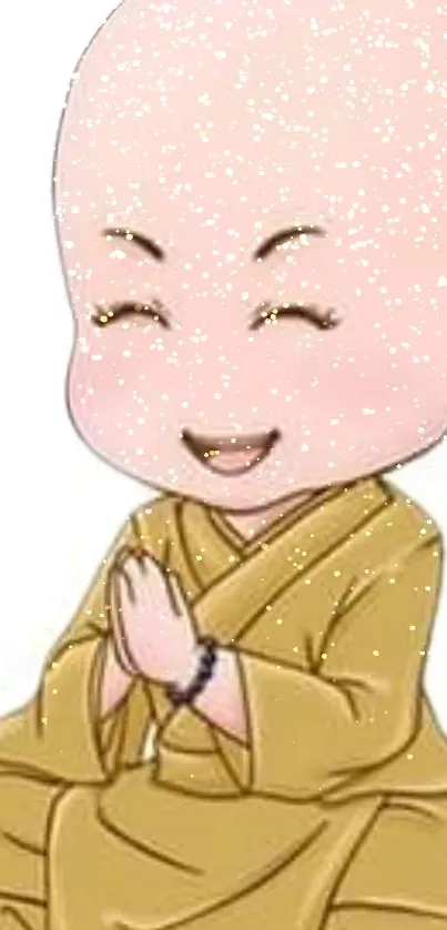 Smiling cartoon monk with hands clapped in prayer on a sandy brown background.