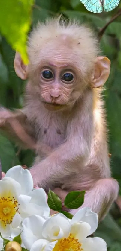 Baby monkey with butterfly and flowers in a forest.