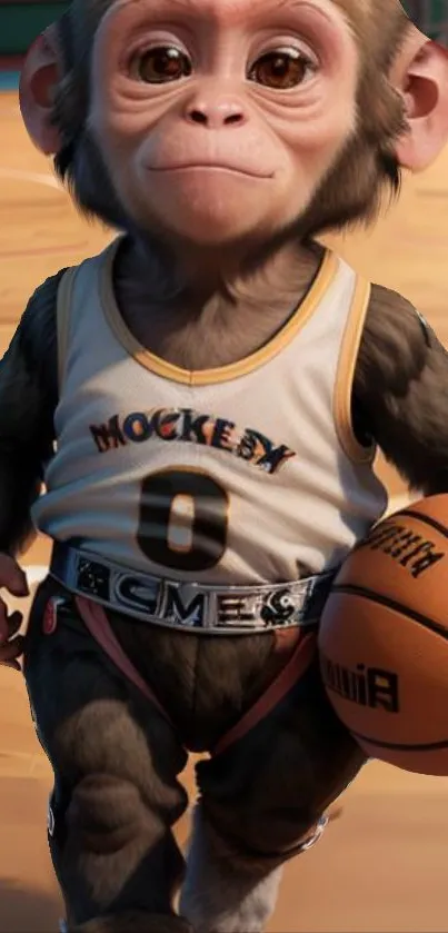 Adorable monkey in basketball jersey holding a ball.