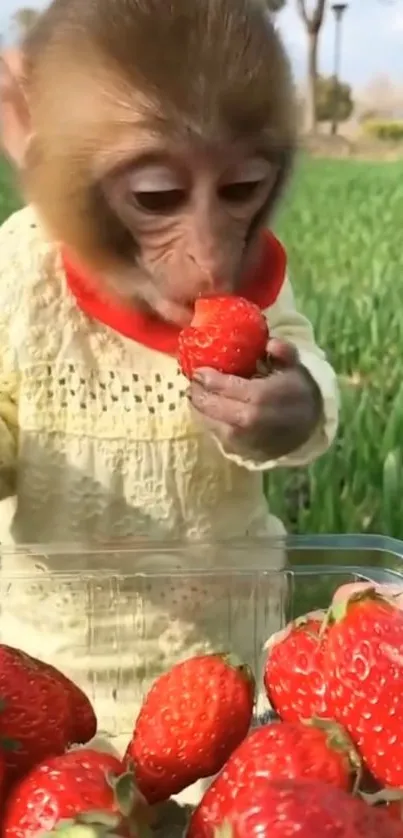 Cute monkey in yellow shirt eating strawberries in a field.