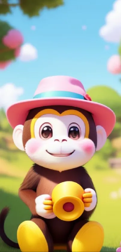 Cute monkey in a pink hat with a yellow cup, in a colorful natural setting.