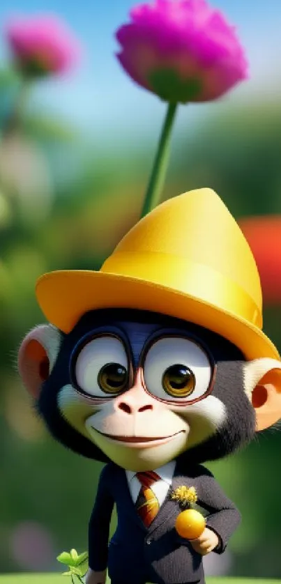 Cartoon monkey in a suit with a hat, set in a colorful garden background.