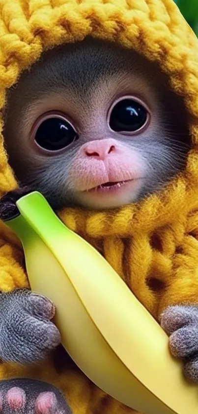 Cute monkey in yellow hoodie holding a banana.