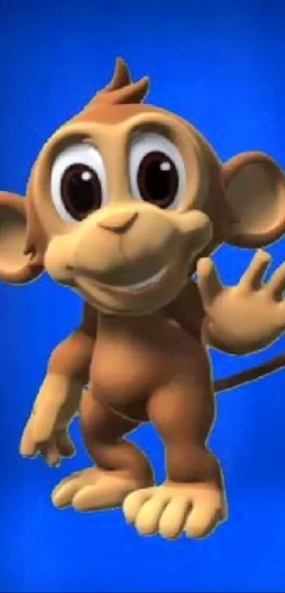 Cute 3D monkey waving on a blue background.