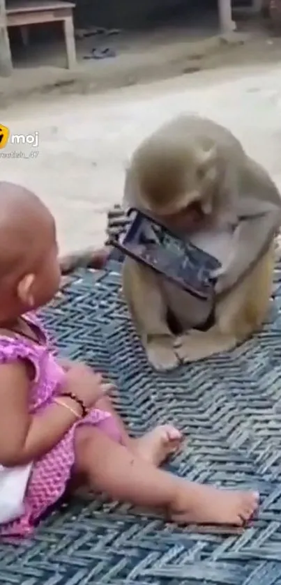 Monkey examines smartphone while baby watches on a woven mat.