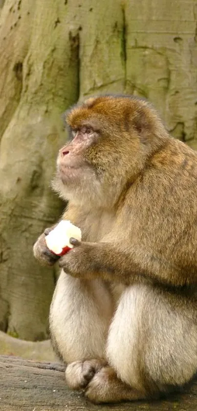 Monkey holding an apple in a natural setting with earthy tones.