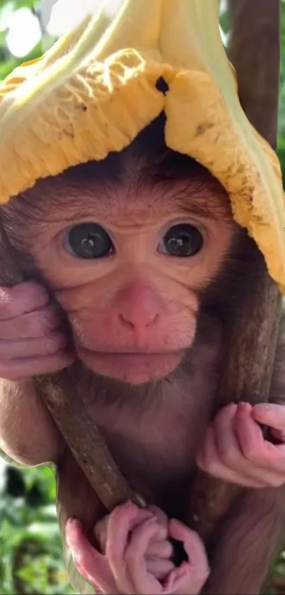 Adorable monkey wearing a banana hat on a branch, lush green backdrop.