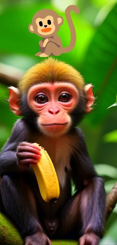 Cute monkey holding a banana in a lush green jungle.