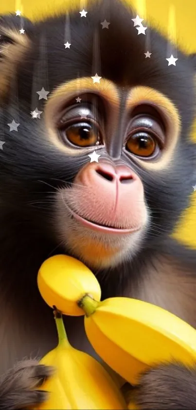 Cute monkey holding bananas with a yellow background.