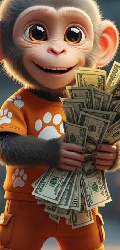 Cartoon monkey holding dollar bills in a cheerful setting.