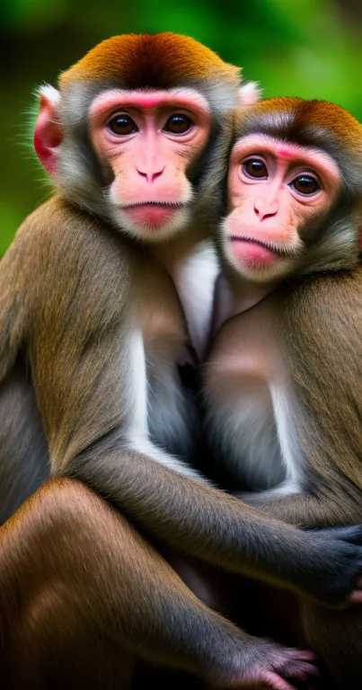 Two cute monkeys embracing in a lush green setting, perfect for mobile wallpaper.