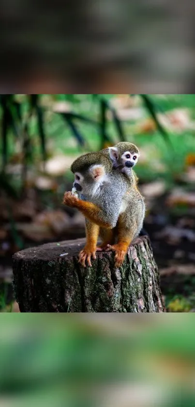 Adorable monkeys perched on a tree stump in a vibrant forest.