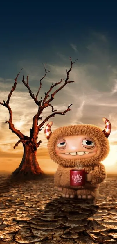 Cute monster with coffee mug in desert landscape at sunset.