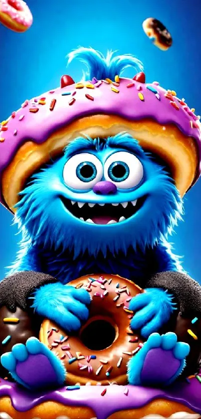 Cute blue monster with donuts mobile wallpaper.