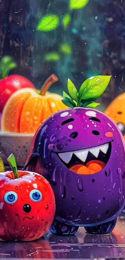 Cute cartoon fruits with monsters, vibrant and playful design.