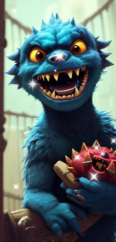 Adorable blue monster holding a red spiky ball in a whimsical cartoon setting.