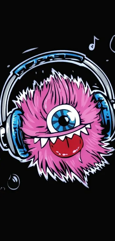 Cartoon monster wearing headphones on a black background.