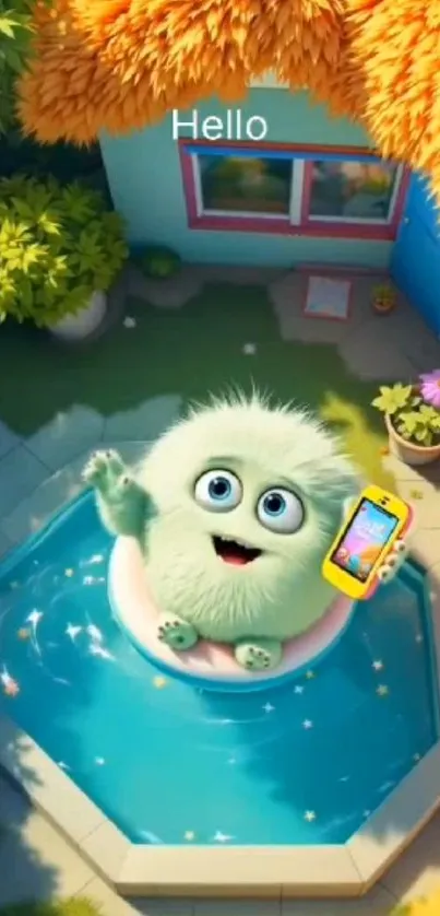 Cute monster with phone relaxing in pool.