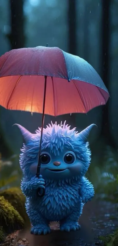 Cute blue monster with umbrella in a glowing mystical forest.