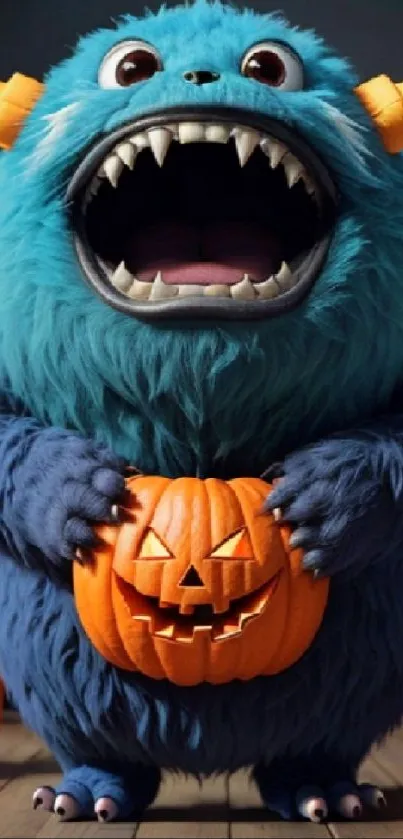 Cute blue monster holding a carved pumpkin, perfect for Halloween.