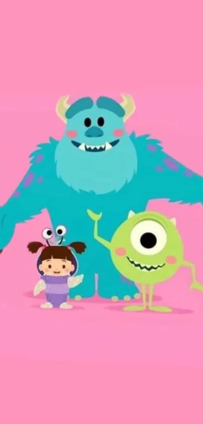 Cute cartoon monsters on a pink background.