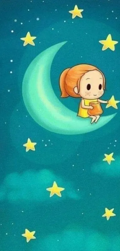 Cute cartoon girl sitting on a moon with stars on a teal background.