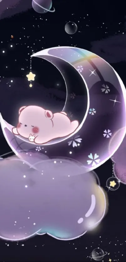 Cute bear on crescent moon with stars and clouds wallpaper.