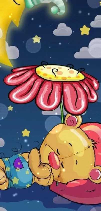 Cartoon bear with flower umbrella sleeps under moonlit sky.