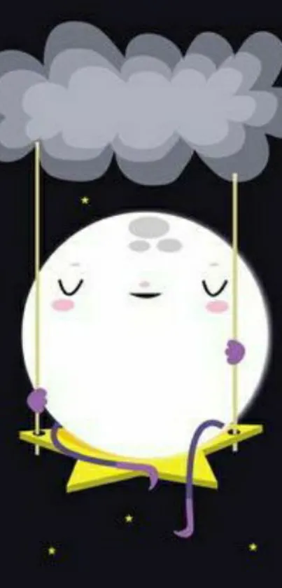 Whimsical moon on a swing under a cloud with stars wallpaper.