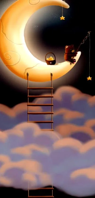 Cute bear sitting on a crescent moon with ladder and stars.