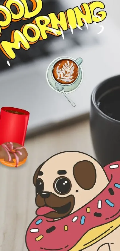 Cute cartoon pug with coffee mug and donut on desk.